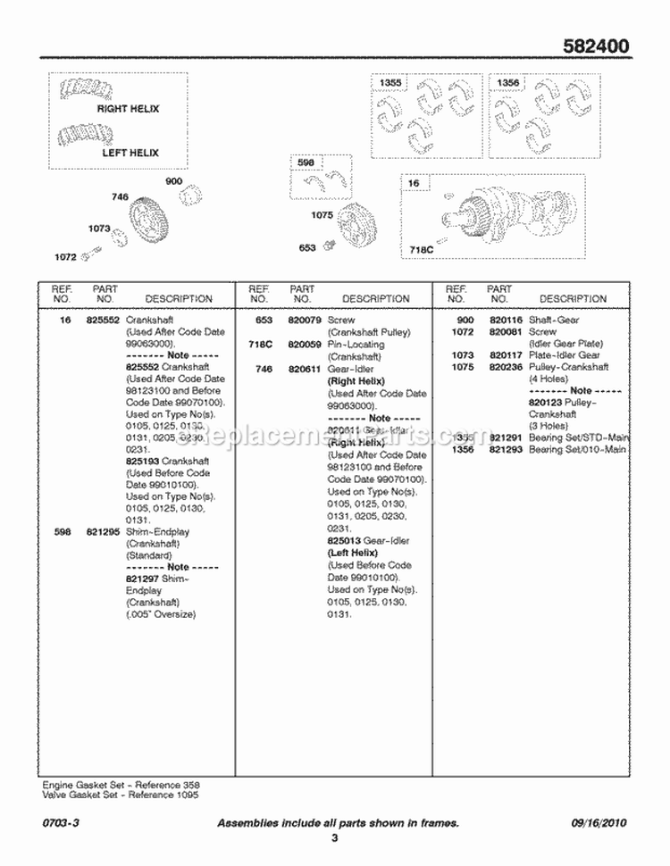 Crankshaft Idler Gear Diagram and Parts List for 582447-0476-E2  Briggs and Stratton Engine
